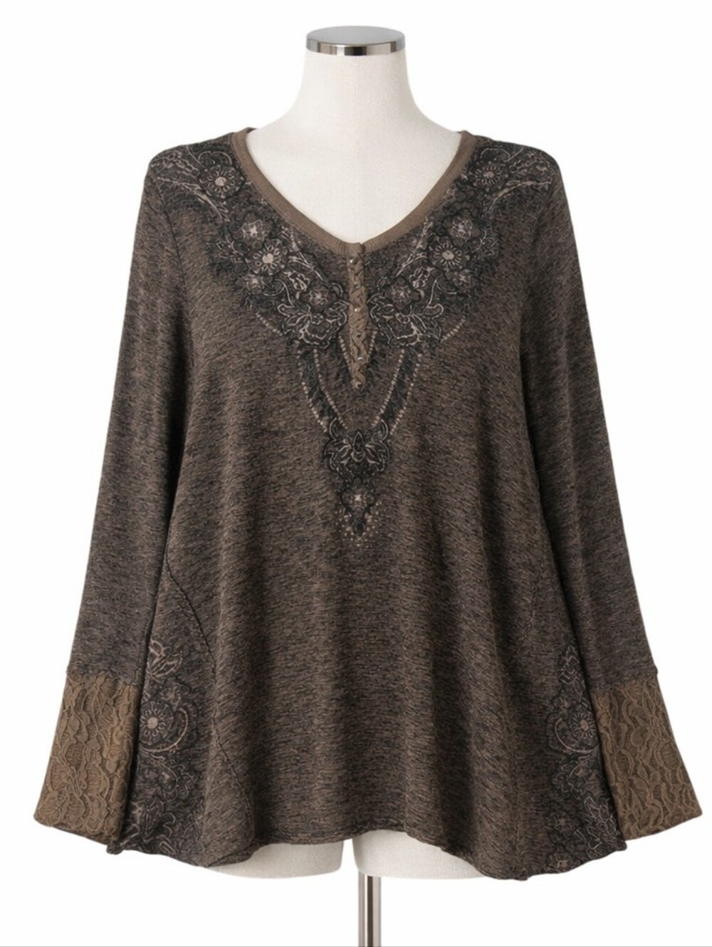 Y2K Long Sleeve Cotton Blend Studded Top Goth Embroidered Floral Lace Cuffs XL